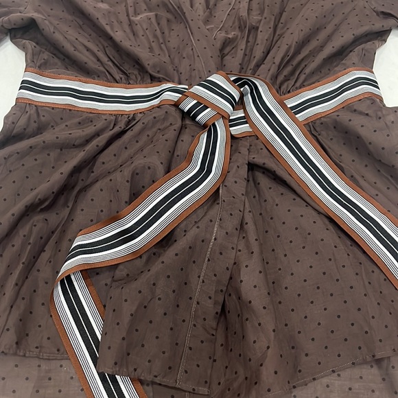 NWT BCBG Maxazria Brown Sheer with Black Polka Dots Tie Around the Waist Top - Picture 3 of 8